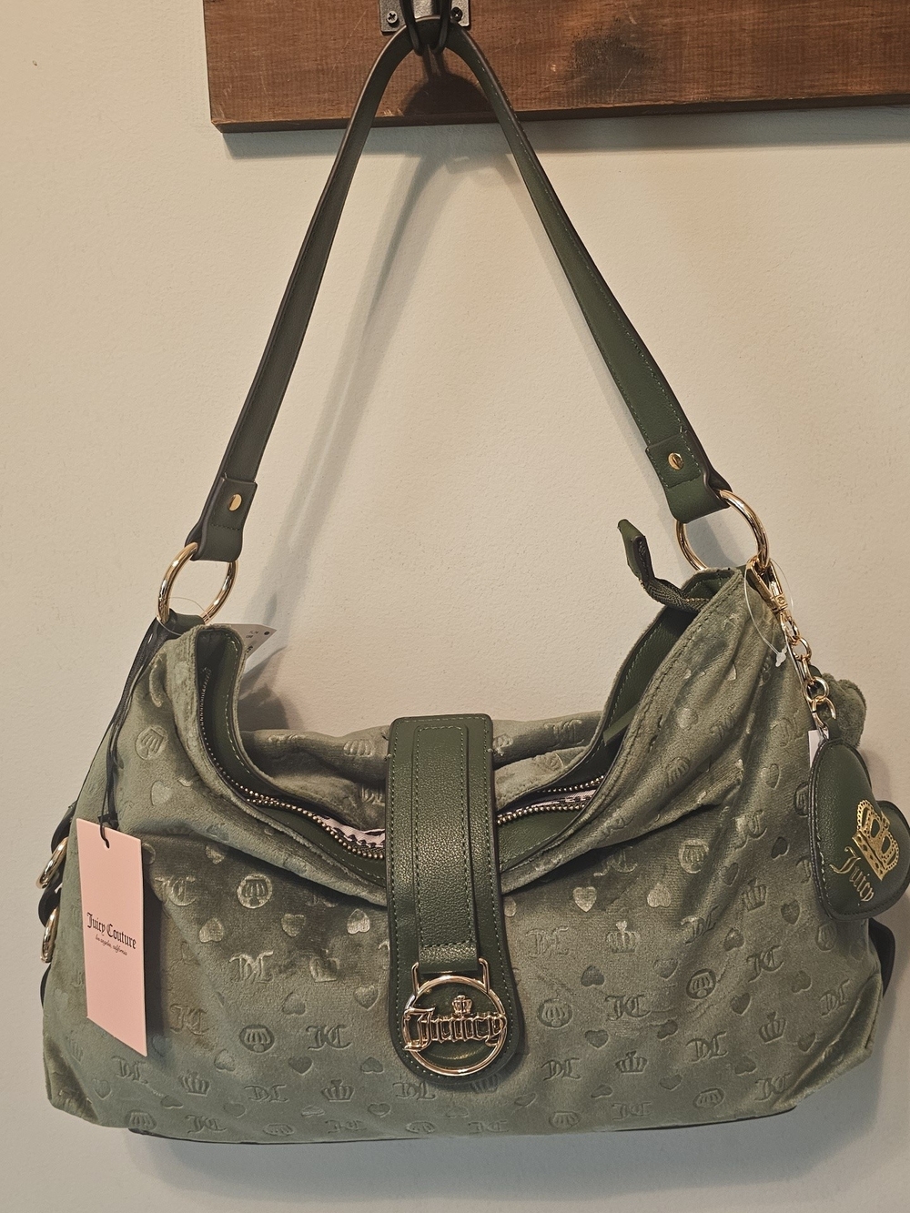 Juicy Couture First Class Hobo Shoulder Bag Olive Green Velour NWT